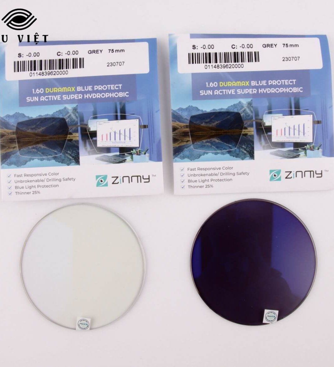 Tròng kính Zinmy 1.60 Duramax Blue Protec Sun Active Super Hydrophobic