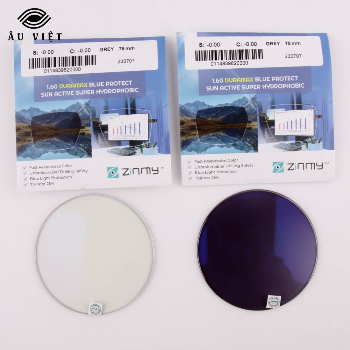 Tròng kính Zinmy 1.60 Duramax Blue Protec Sun Active Super Hydrophobic