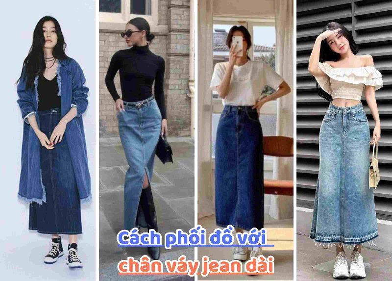 Mix đồ với chân váy jean dài