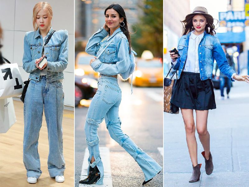 Áo thun phối với khoác denim khi mix đồ mùa đông