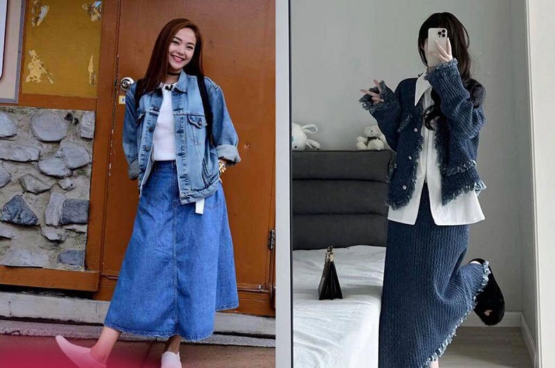 Mix đồ mùa đông với chân váy cùng áo denim