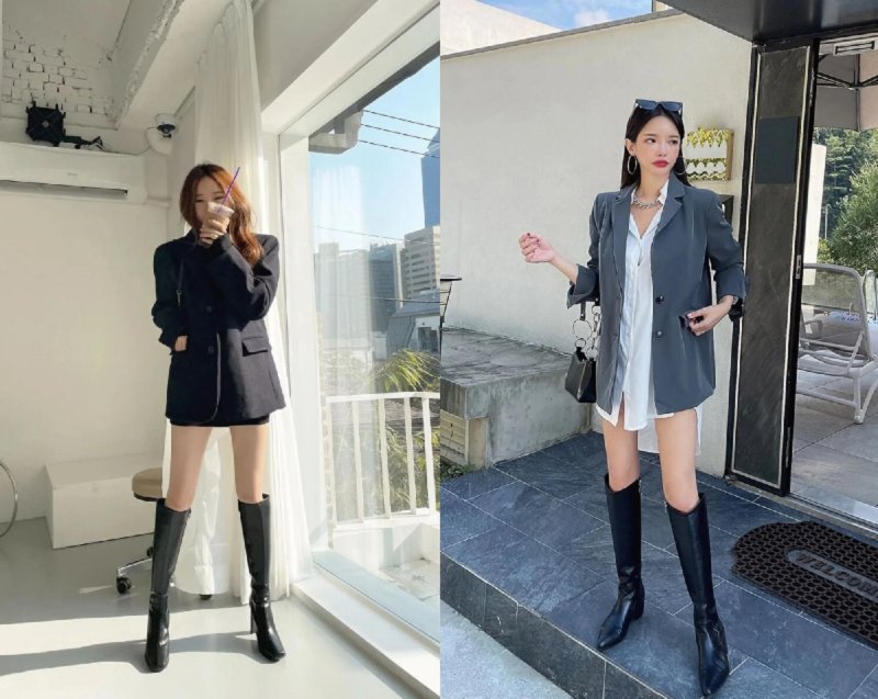 Phối đồ công sở boot cao quá gối với áo blazer