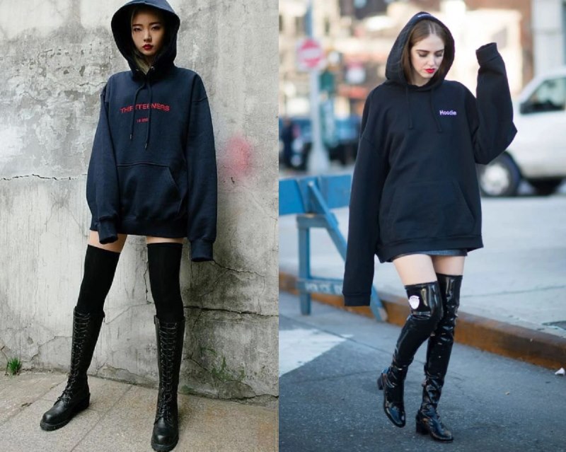 Áo hoodie kết hợp với boot cao quá gối