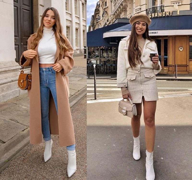 Mix đồ với boot cổ ngắn màu trắng cùng áo khoác trench coat