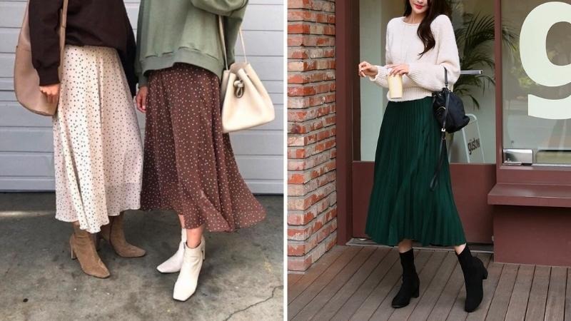 Phối boot cổ thấp trắng với chân váy Midi