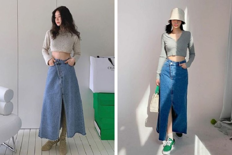 Diện áo croptop cổ lọ cùng chân váy jean dài