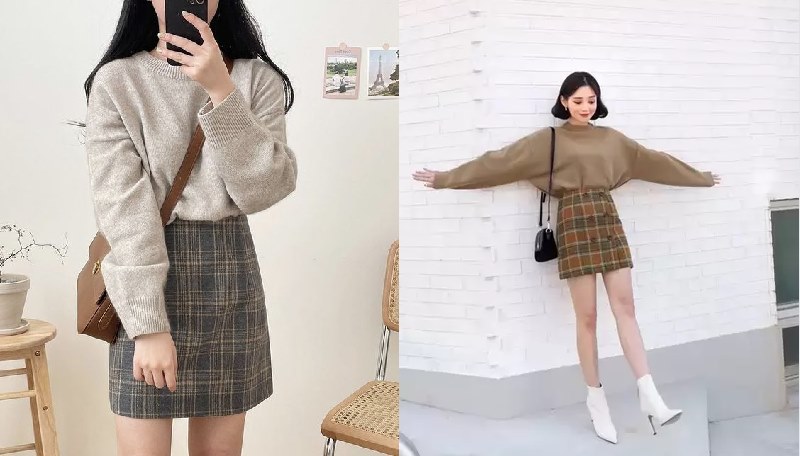 Mix áo sweater dày dặn với chân váy hoạ tiết kẻ sọc