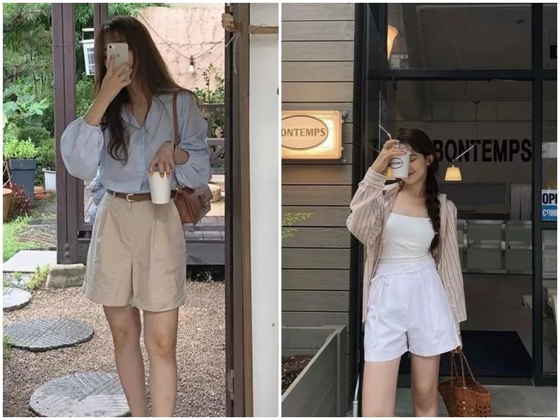 Áo sơ mi oversize phối với quần short cạp cao